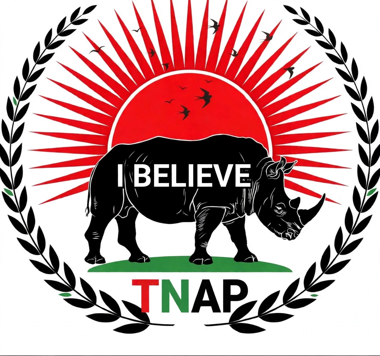 Proposed The National Alliance Party (TNAP) symbol depicting a black rhinoceros carrying the words I BELIEVE, a red rising sun with rays, birds, and a black laurel wreath, with TNAP below.
